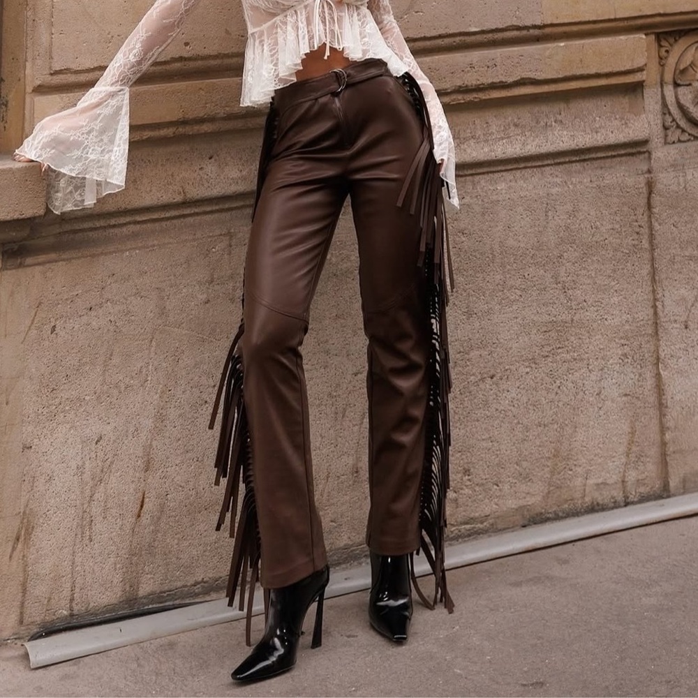 Camila Coelho Brown Fringe Straight Leg Pants